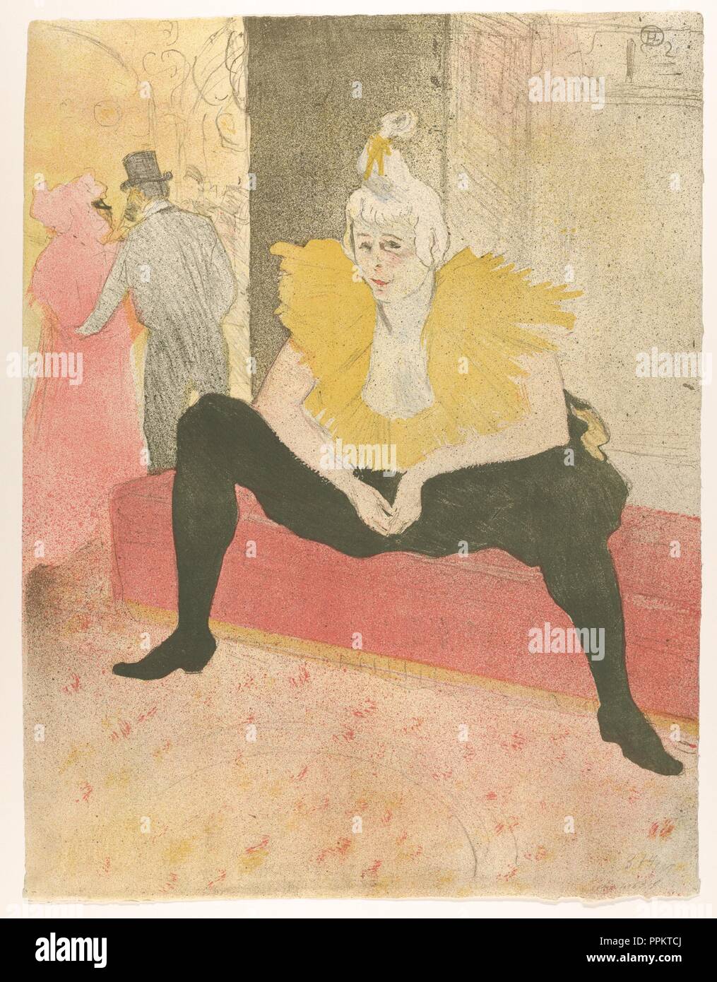 The Seated Clowness (Mademoiselle Cha-u-ka-o) (from the series Elles). Artist: Henri de Toulouse-Lautrec (French, Albi 1864-1901 Saint-André-du-Bois). Dimensions: Image: 20 9/16 × 15 13/16 in. (52.2 × 40.1 cm)  Sheet: 20 9/16 x 15 13/16 in. (52.2 x 40.1 cm). Publisher: Gustave Pellet (French, Paris 1859-1919 Paris). Series/Portfolio: Elles, 1896. Date: 1896. Museum: Metropolitan Museum of Art, New York, USA. Stock Photo