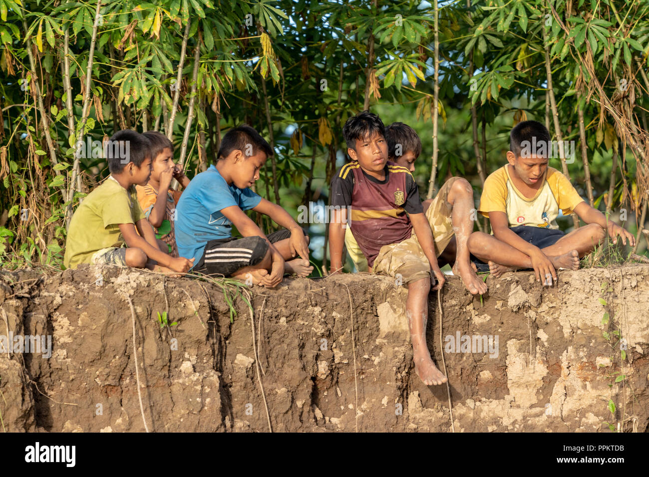 Nauta, Peru, South America.  Six bored young boys sitting on the steep riverbank of the Maranon river, an Amazon river tributary. Stock Photo