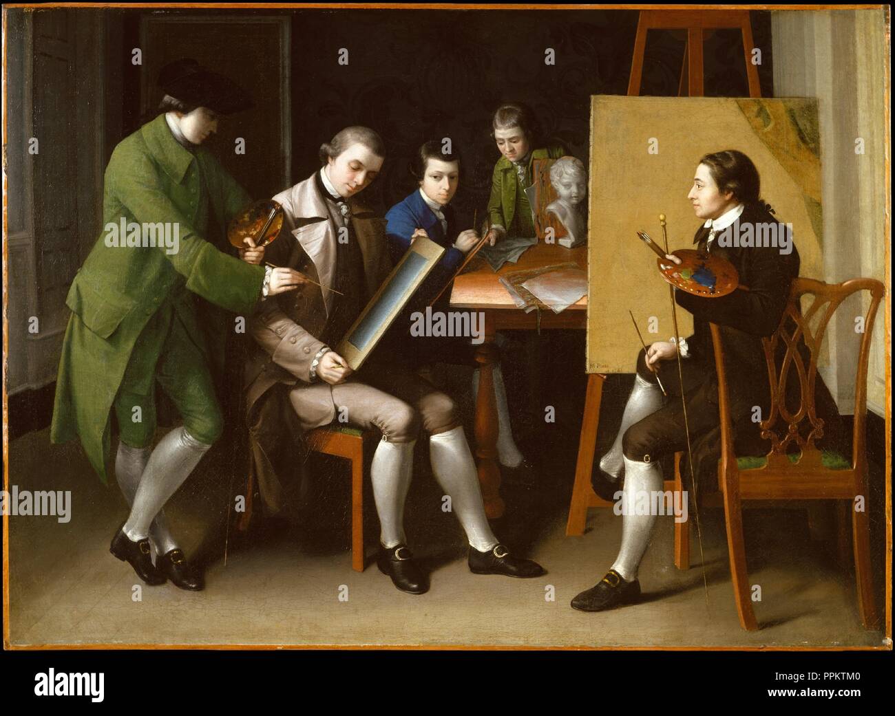 The American School. Artist: Matthew Pratt (1734-1805). Dimensions: 36 x 50 1/4 in. (91.4 x 127.6 cm). Date: 1765.  The picture depicts a scene in the London studio of Benjamin West, who is generally agreed to be the figure standing at the left. Based on comparisons to self-portraits, Pratt is the man at the easel, an accomplished portrait painter.  The identities of the other artists represented in the picture remain uncertain, but they are younger and they draw rather than paint.  The composition explores the academic tradition as carried out among Americans in late-eighteenth century London Stock Photo