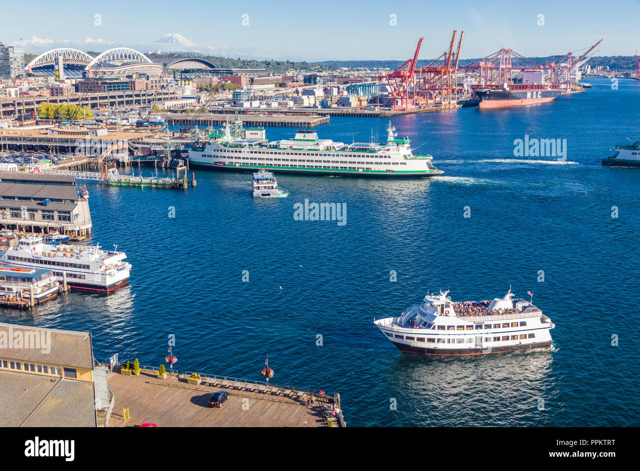 Aerial view of ferries and waterfront harbor area of Seattle Washington, UNited States Stock Photo