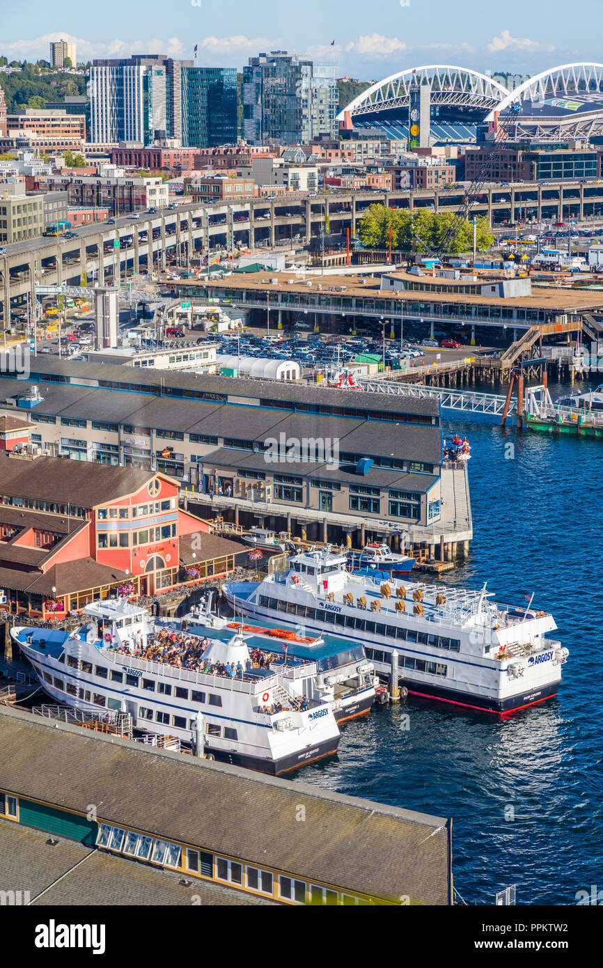 Aerial view of ferries and waterfront harbor area of Seattle Washington, UNited States Stock Photo