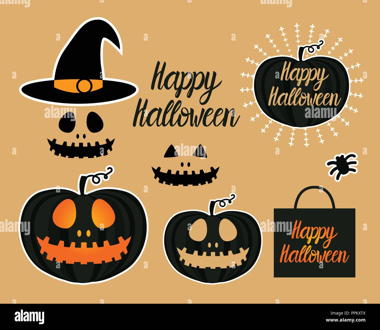 Set Dark Jack lantern pumpkin Happy Halloween jackolantern. Vector ...