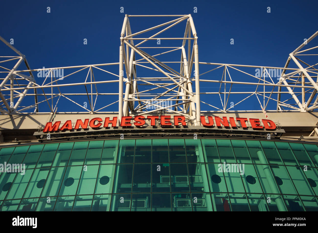 close-up of the Manchester United sign at Old Trafford, the club's home ground Stock Photo