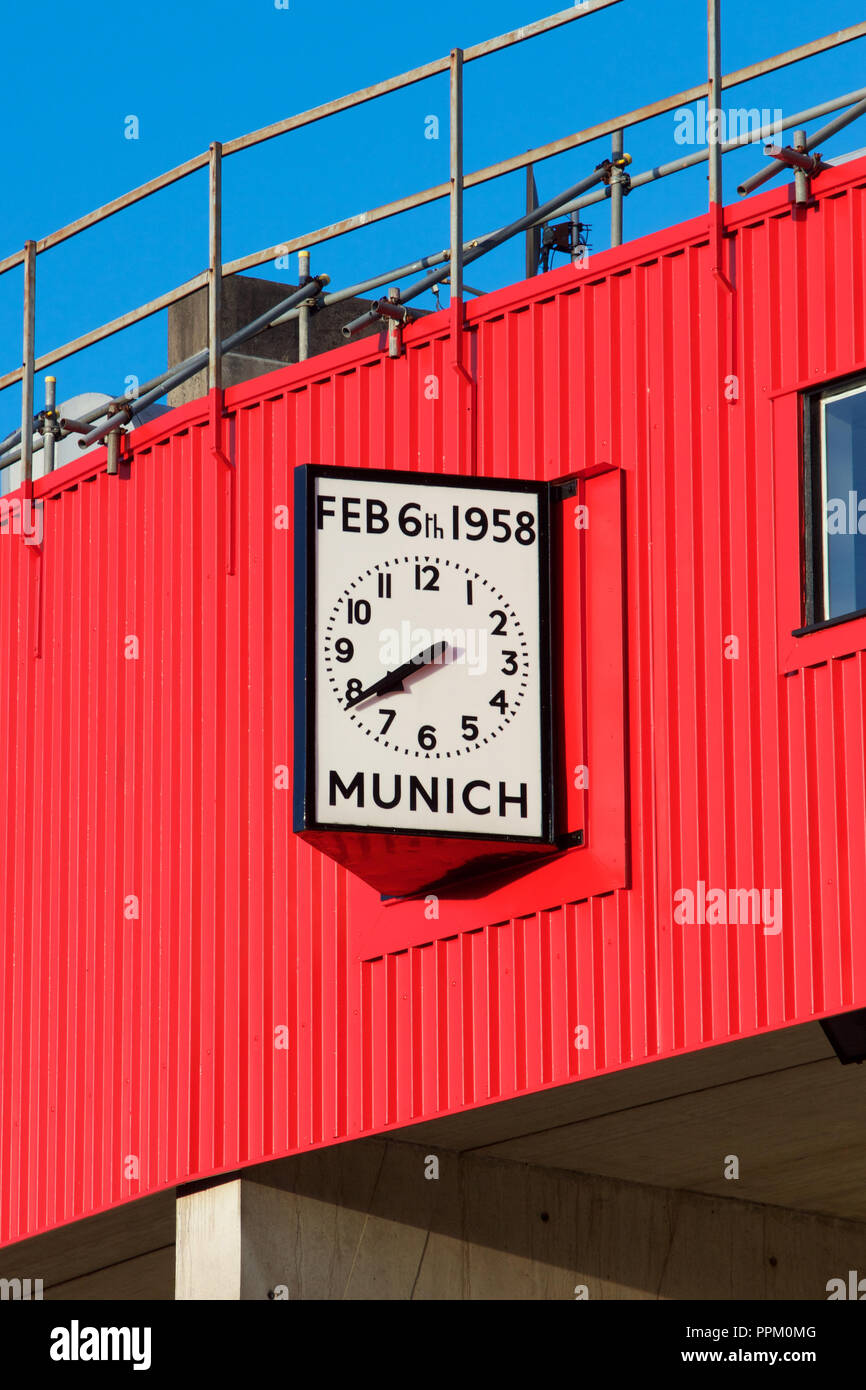 Clock on Old Trafford, Manchester United's home stadium, showing the date and time of the Munich air crash Stock Photo