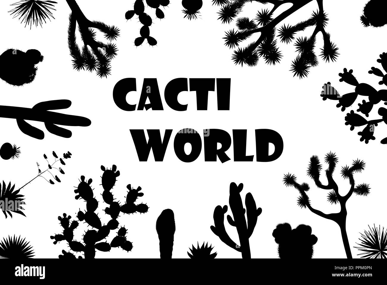 Exotic wildflower cactus frame. Saguaro, prickly pear, agave and joshua tree banner. Vector illustration, black and white silhouettes. Stylish banner  Stock Vector