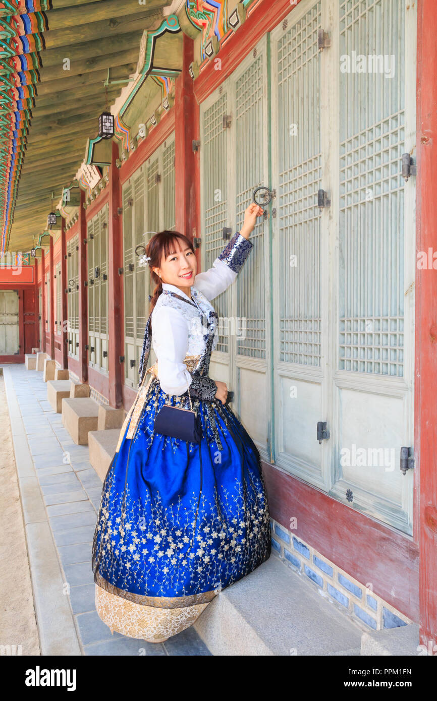 Pretty Korean girls wearing traditional Hanbok dress in Seoul