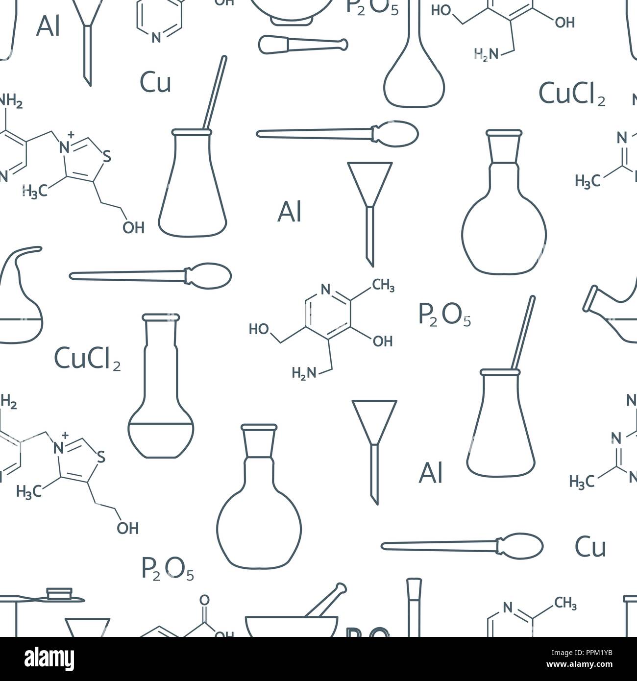Scientific vector seamless pattern with flasks, test tubes, beakers ...