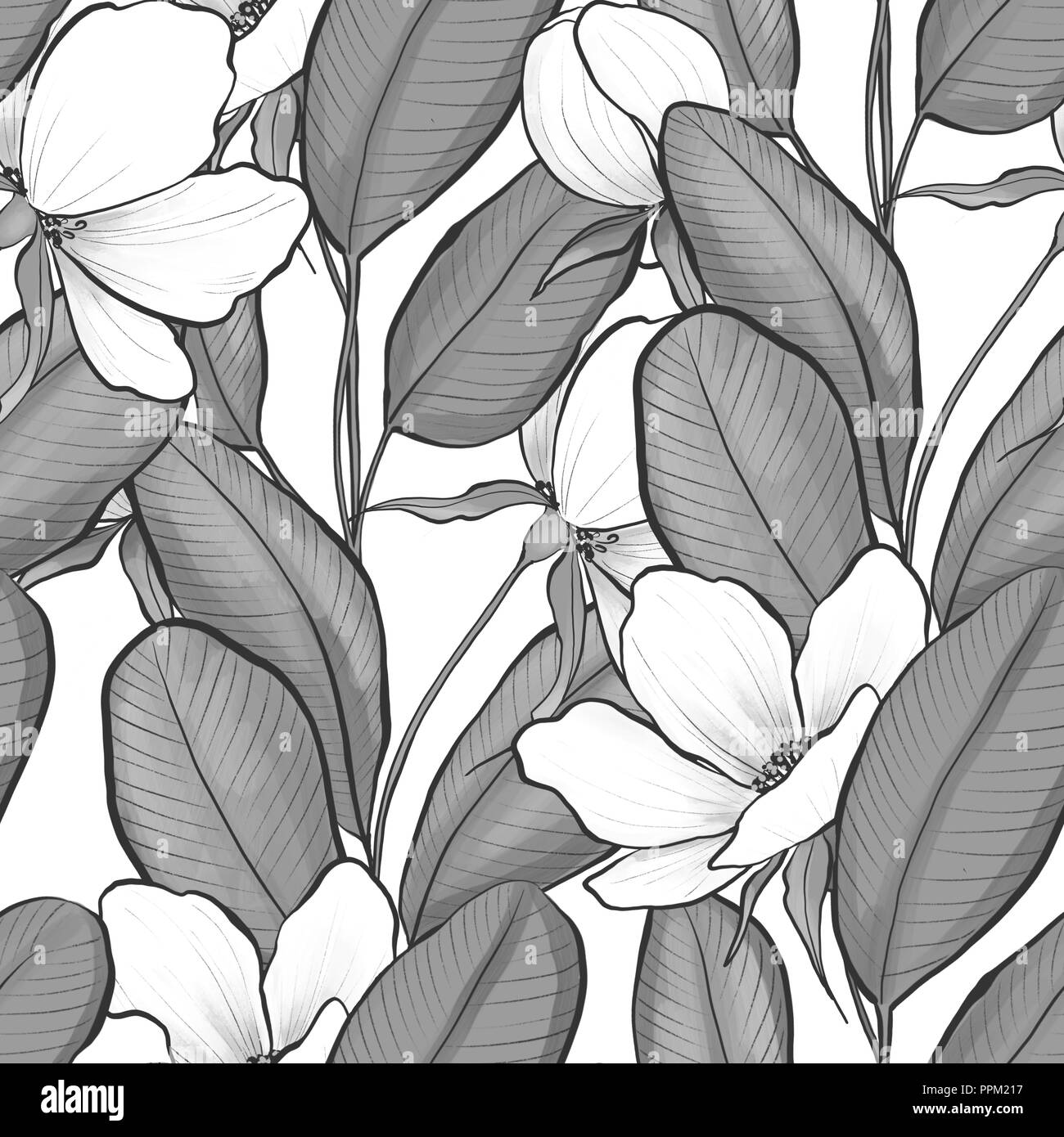 Black and white seamless floral pattern. White flowers with gray leaves ...