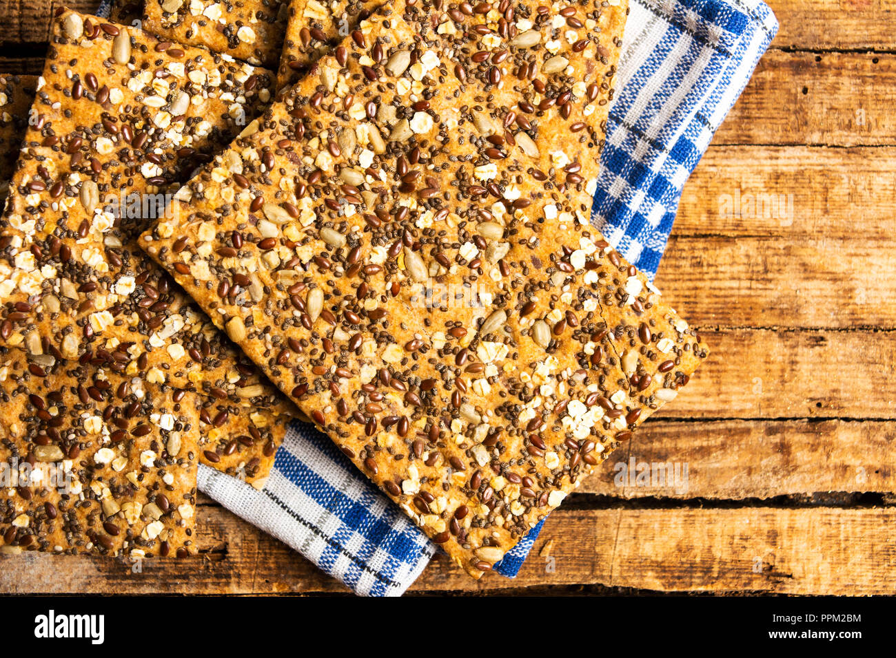 Integral biscuits with chia seeds and cereals top view Stock Photo