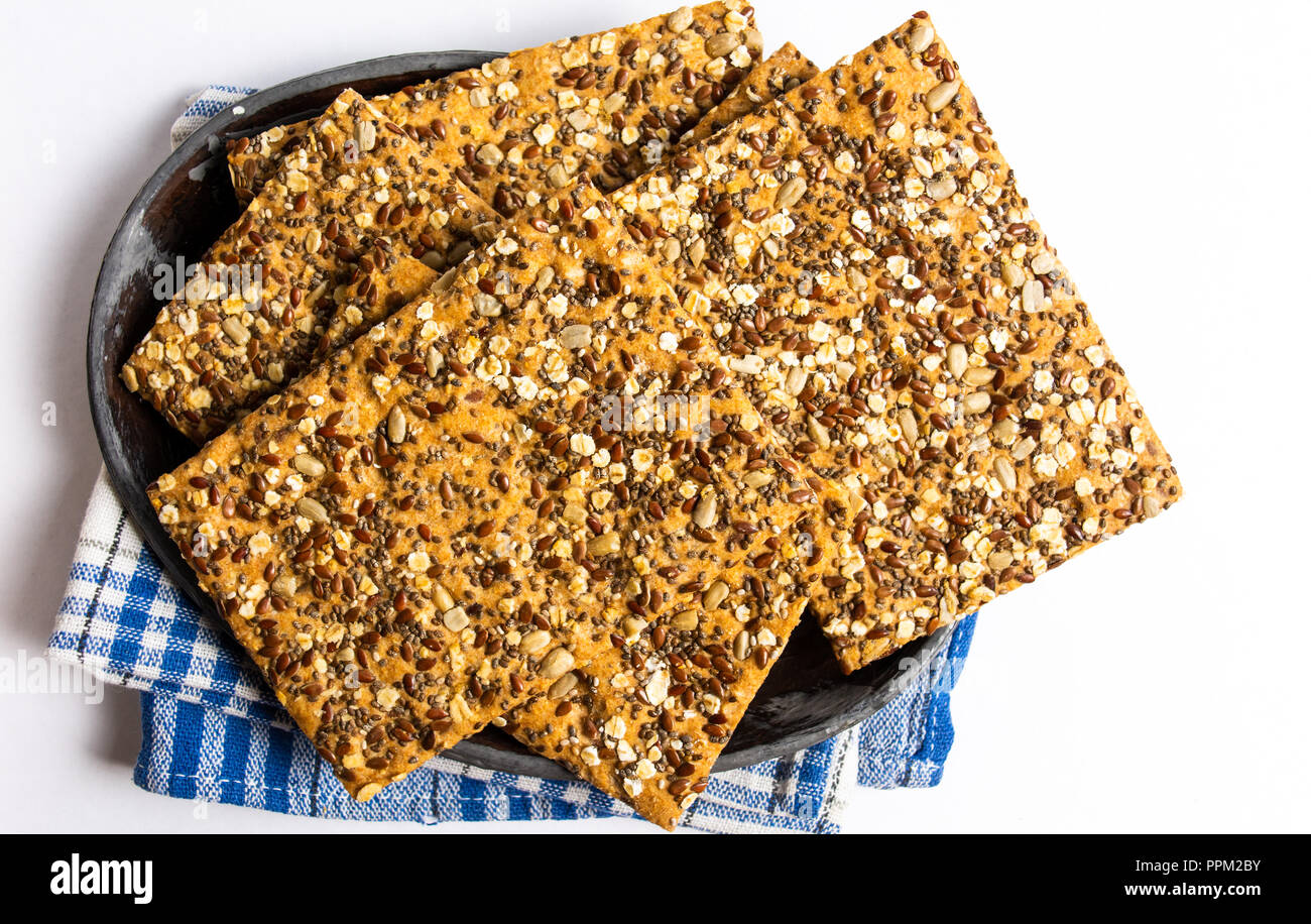 Integral biscuits with chia seeds and cereals top view Stock Photo