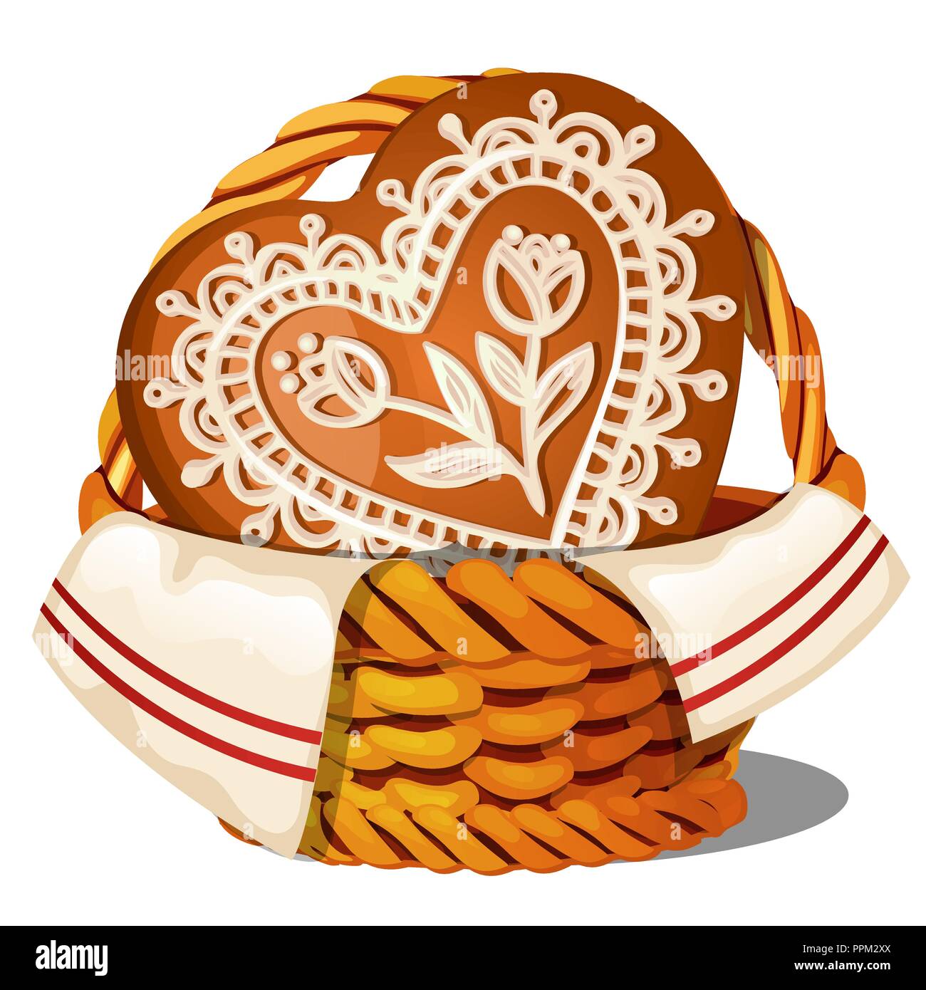 Sweet glazed gingerbread in a wicker basket isolated on white background. A traditional Russian delicacy. Vector cartoon close-up illustration. Stock Vector