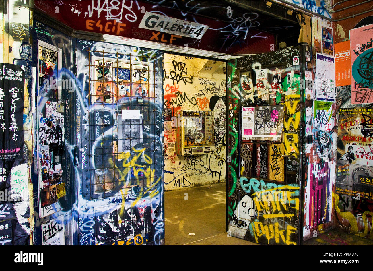 The Kunsthaus Tacheles (Art House Tacheles) was an art center in Berlin, in the district known as Mitte. Colourful graffiti-style murals are painted o Stock Photo