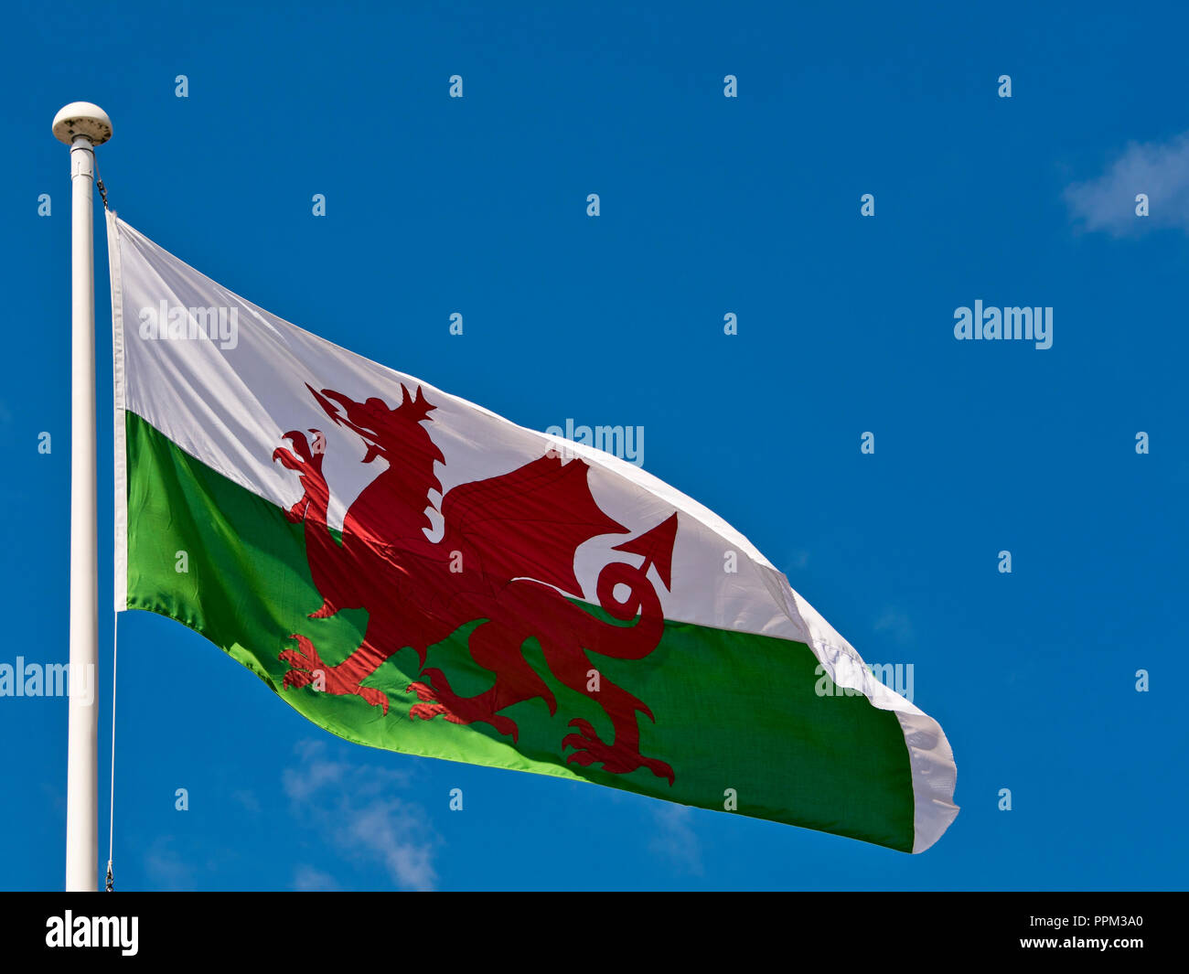 Horizontal close up of the Welsh flag at fullmast. Stock Photo
