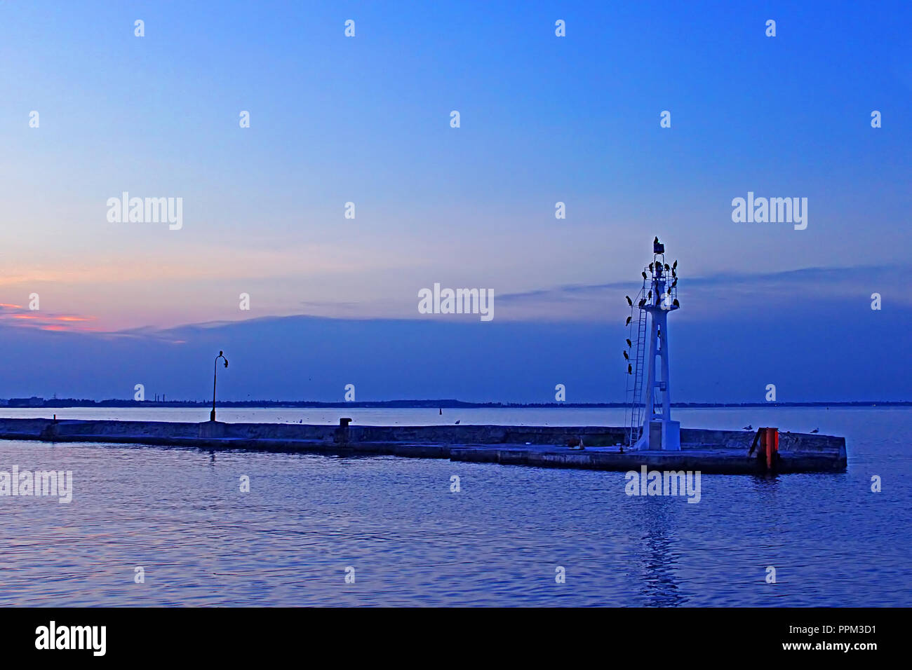Little lighthouse with birdls in the evening, Odessa, Ukraine. Blue hours Stock Photo