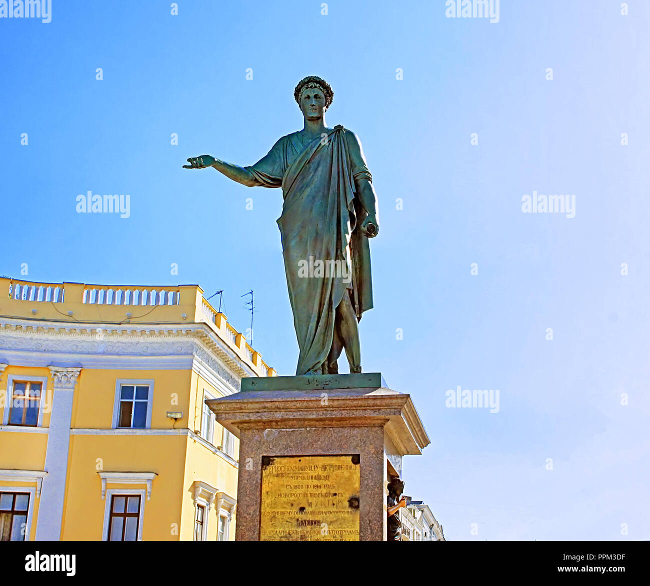 The first monument in the city of Odessa, Ukraine. Monument to Duke de Richelieu in Odessa, opened in 1828 Stock Photo