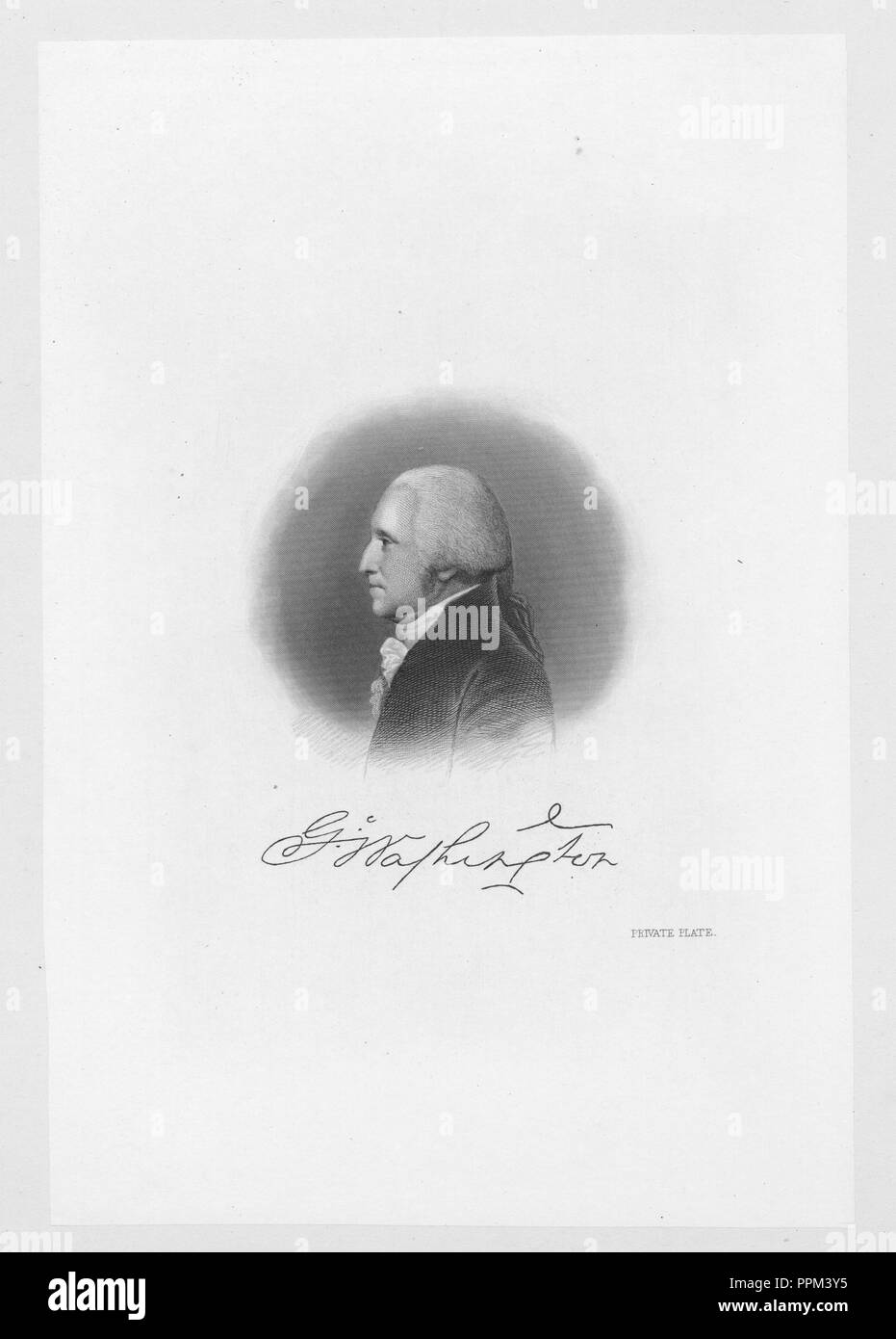 Engraved portrait of George Washington, Founding Father of the United States and the first President of the United States, an American politician from Wakefield, Westmoreland County, Virginia, 1837. From the New York Public Library. () Stock Photo