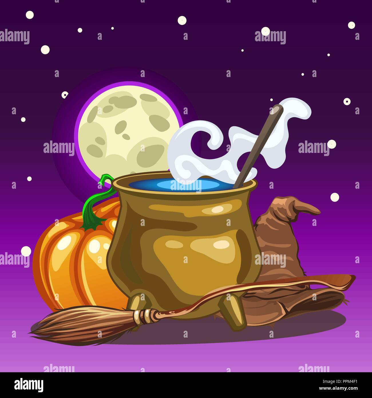 Poster in style of holiday all evil Halloween. Attributes of witchcraft and witch at midnight by the light of the moon. Copper pot with boiling water, hat, broom. Vector cartoon close-up illustration. Stock Vector