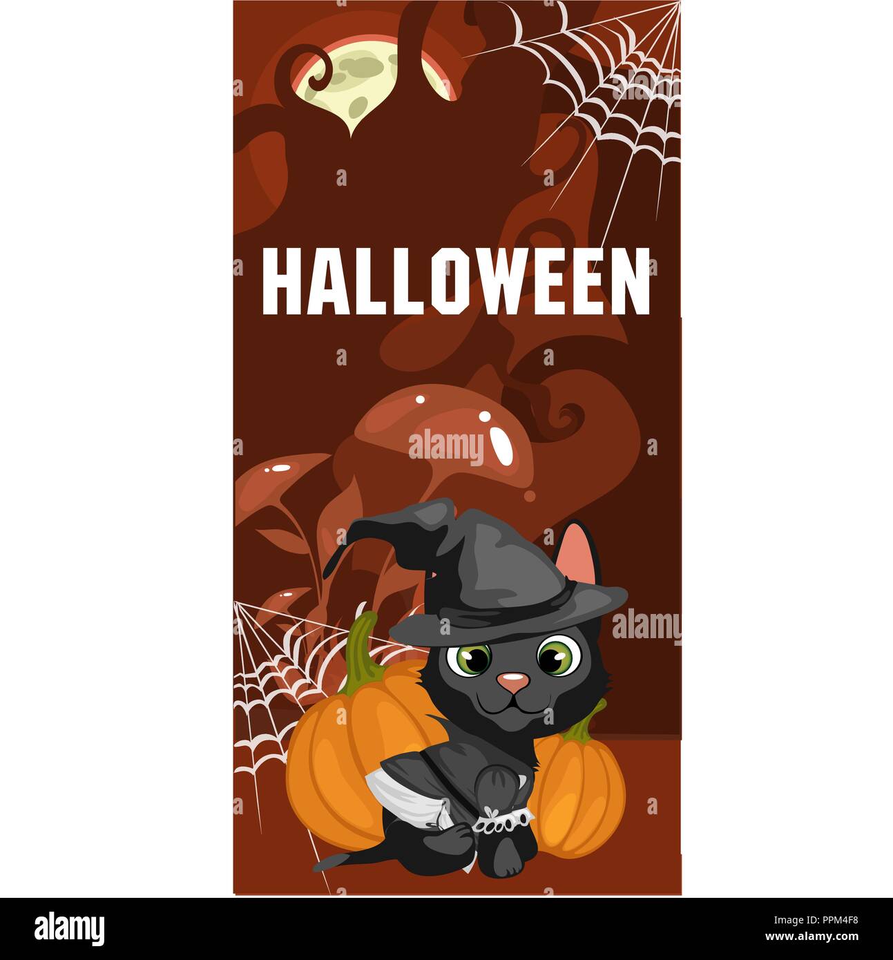 Poster in style of holiday all evil Halloween. A little black kitten in witch hat at midnight by the light of the moon. Vector cartoon close-up illustration. Stock Vector