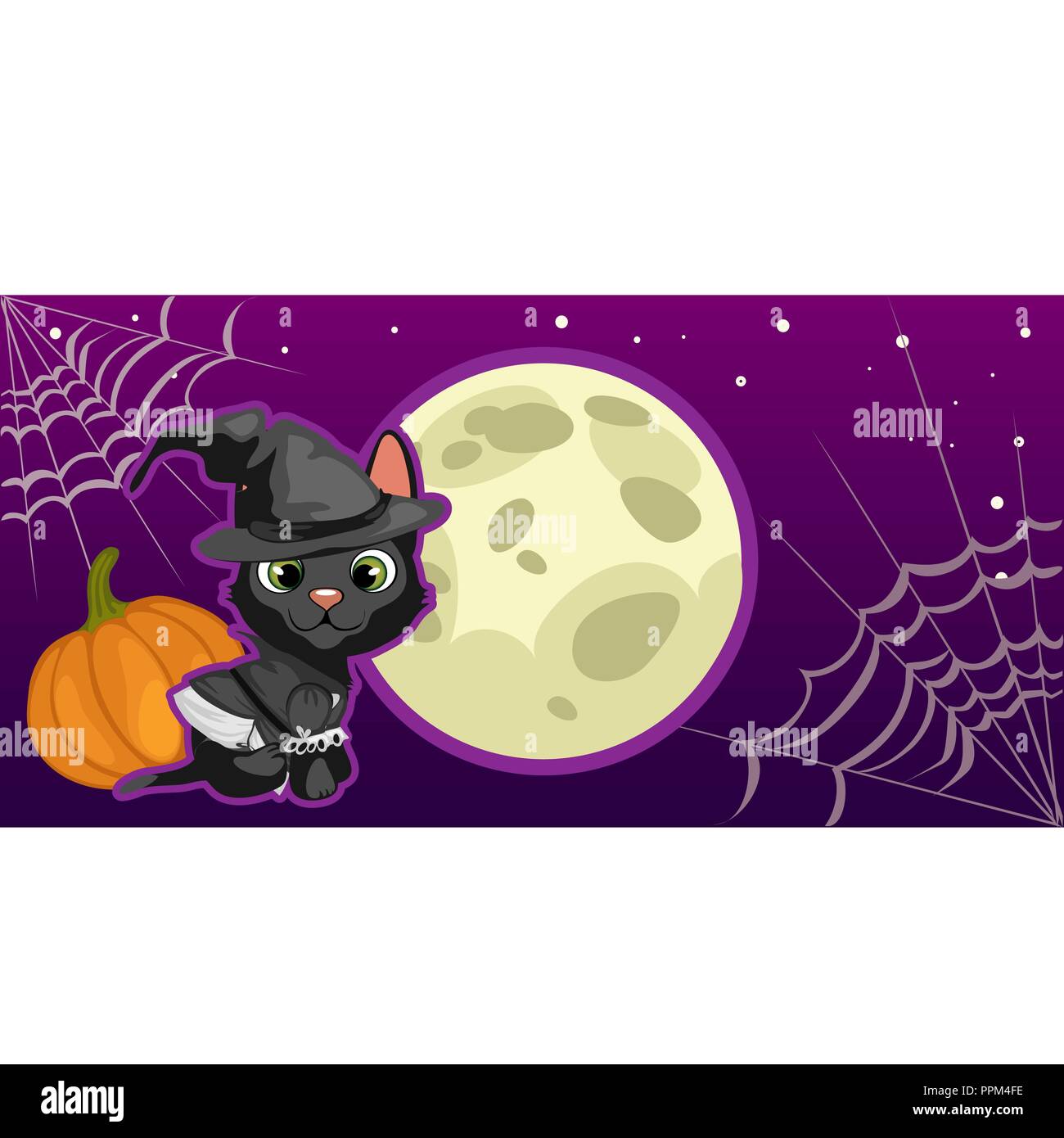 Poster in style of holiday all evil Halloween. A little black kitten in witch hat at midnight by the light of the moon. Vector cartoon close-up illustration. Stock Vector