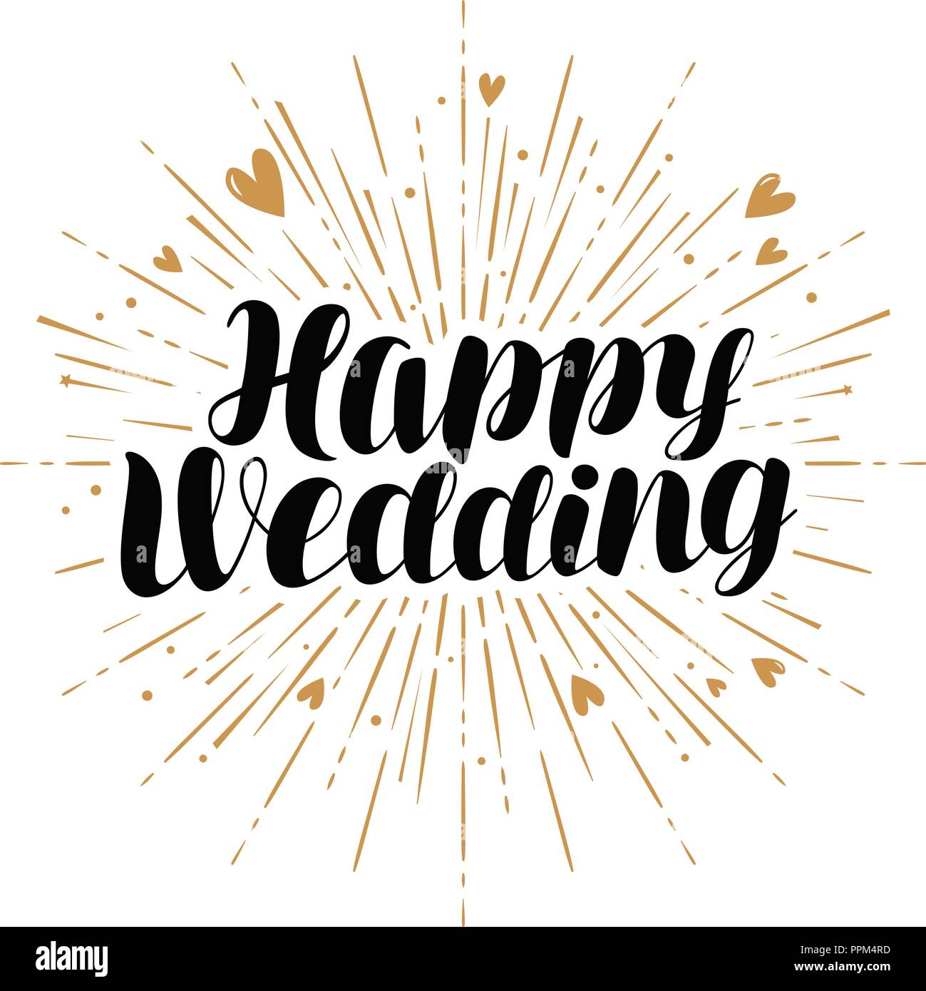 Happy wedding, greeting card. Marriage, marry banner. Handwritten lettering vector Stock Vector