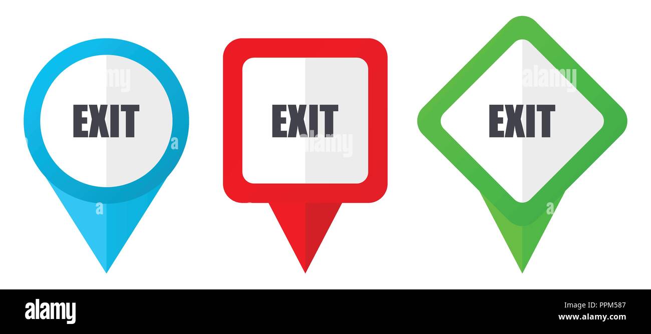 Exit red, blue and green vector pointers icons. Set of colorful location markers isolated on white background easy to edit. Stock Vector