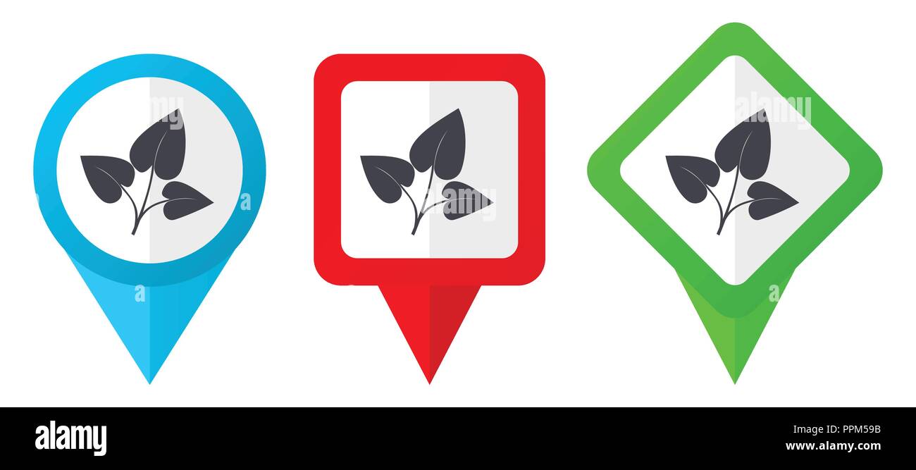Leaf red, blue and green vector pointers icons. Set of colorful location markers isolated on white background easy to edit. Stock Vector