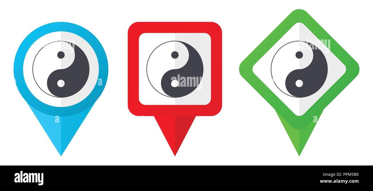 Ying yang red, blue and green vector pointers icons. Set of colorful location markers isolated on white background easy to edit. Stock Vector