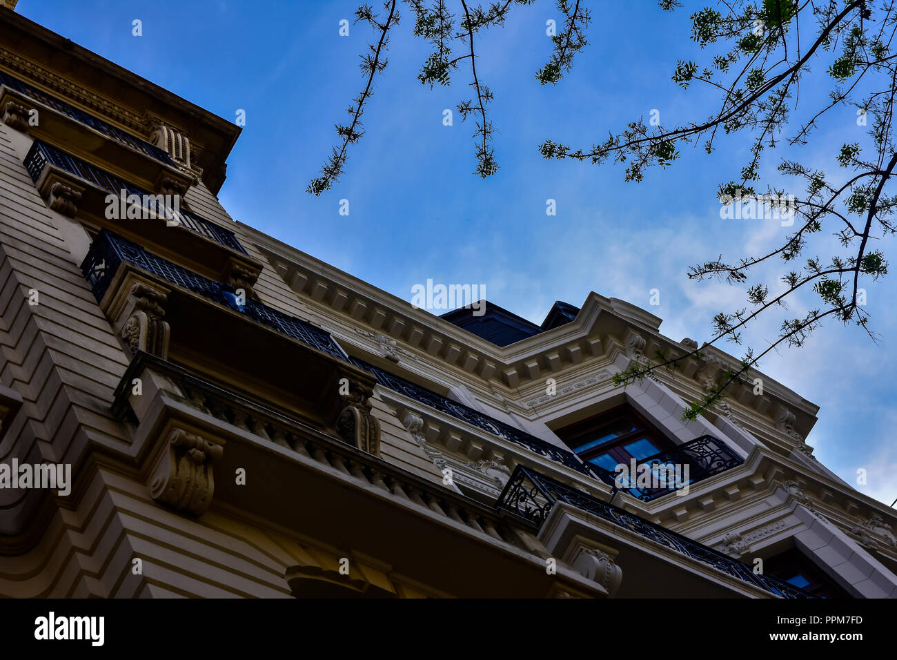 Looking up to the beautiful historic buildings placed in Mayo avenue in Buenos Aires Stock Photo