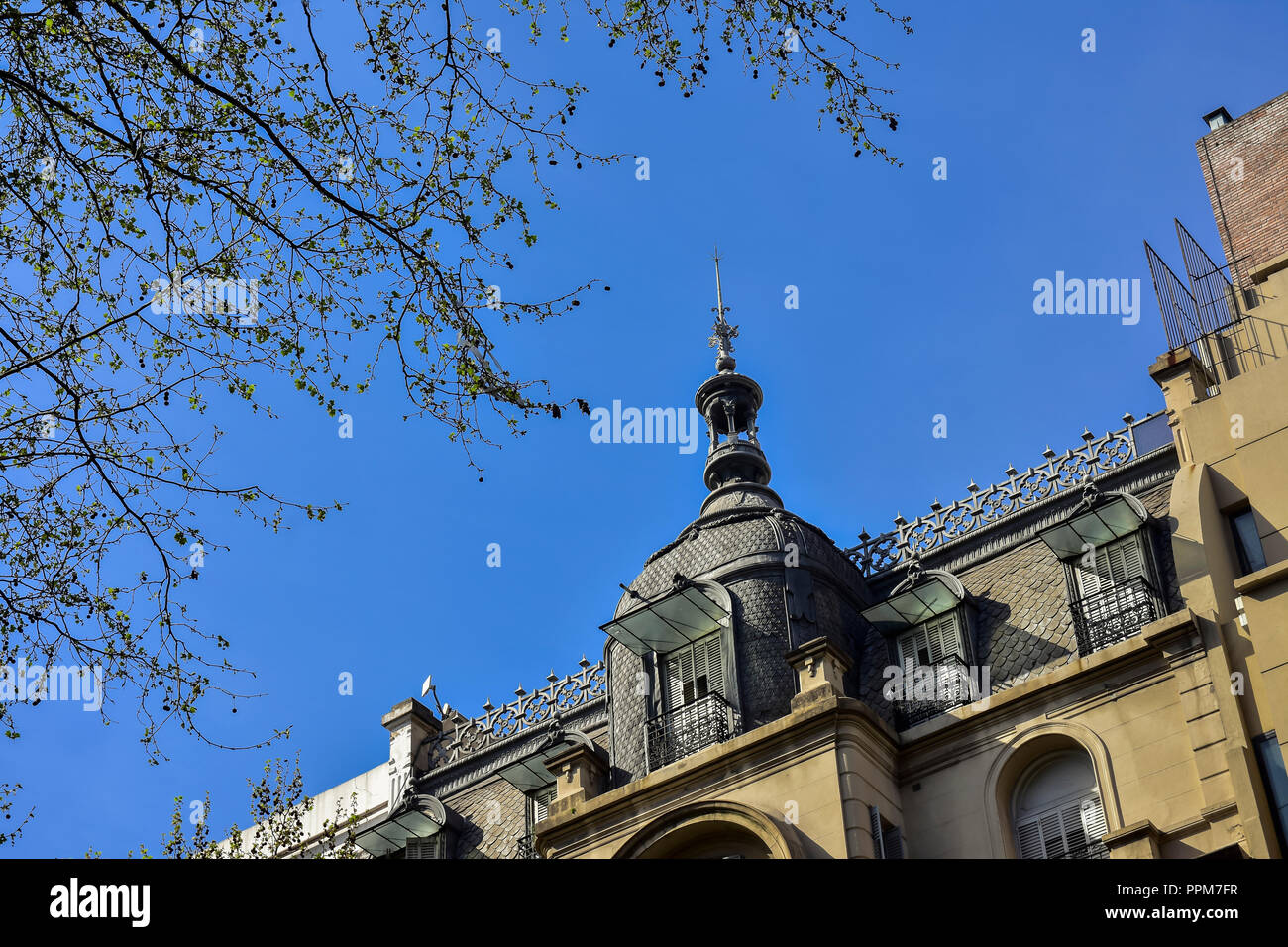 Looking up to the beautiful historic buildings placed in Mayo avenue in Buenos Aires Stock Photo
