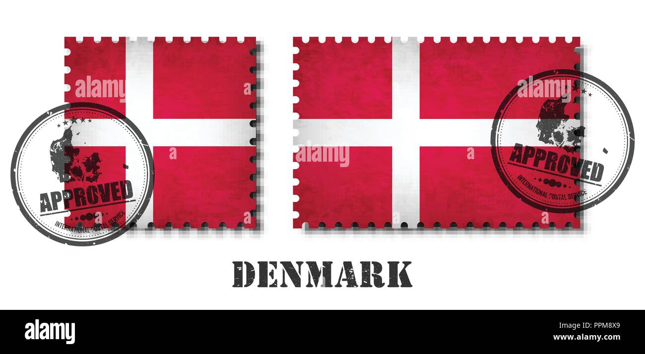 Denmark or danish flag pattern postage stamp with grunge old scratch texture and affix a seal on isolated background . Black color country name with a Stock Vector