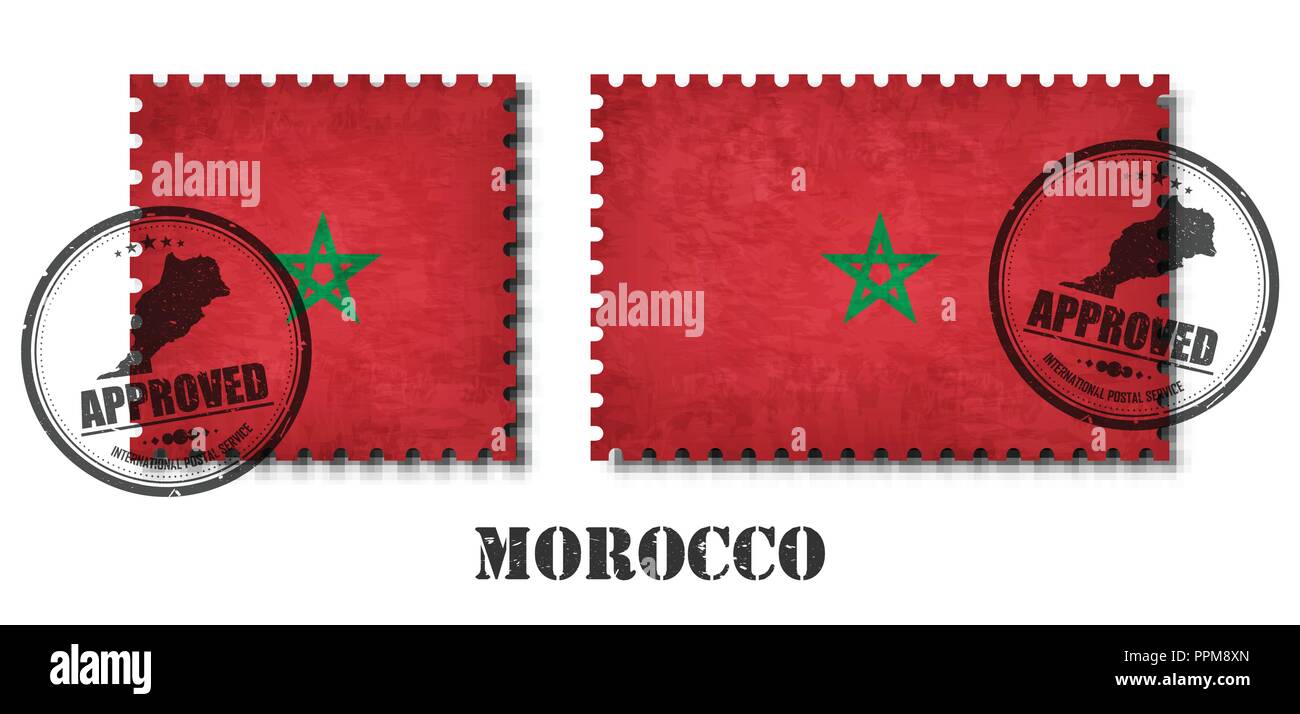 Morocco or moroccan flag pattern postage stamp with grunge old scratch texture and affix a seal on isolated background . Black color country name with Stock Vector
