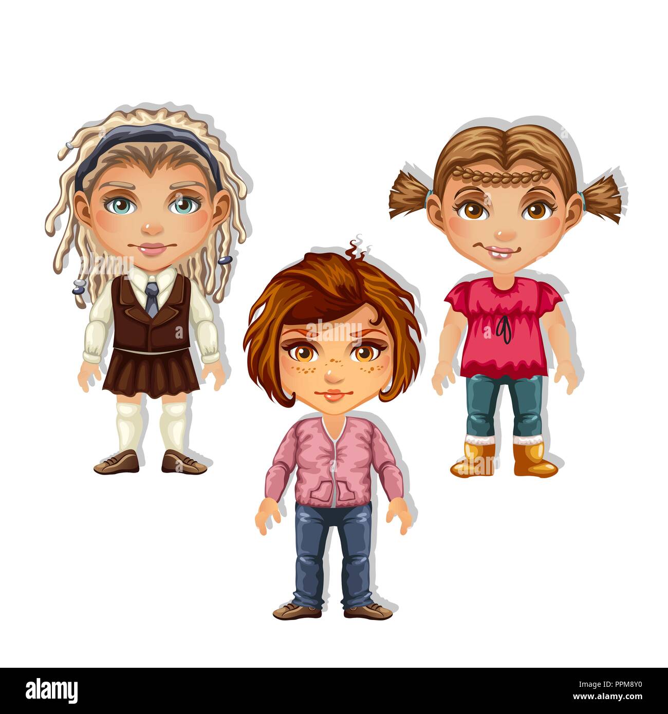 Set of drawn boy and girls isolated on white background. Vector cartoon close-up illustration. Stock Vector