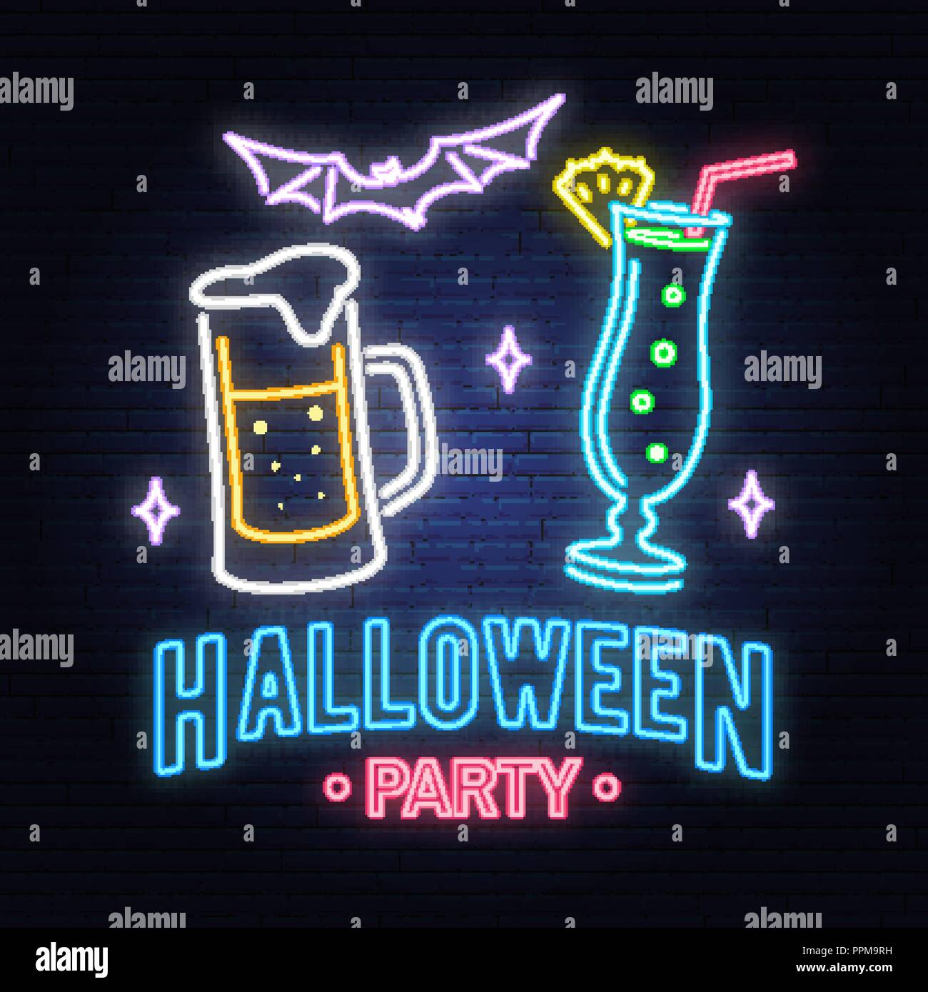 Halloween party neon sign. Vector illustration. Happy Halloween light banner with Beer, cocktail and bat. Night bright advertisement. Neon sign for banner, billboard, promotion or advertisement. Stock Vector