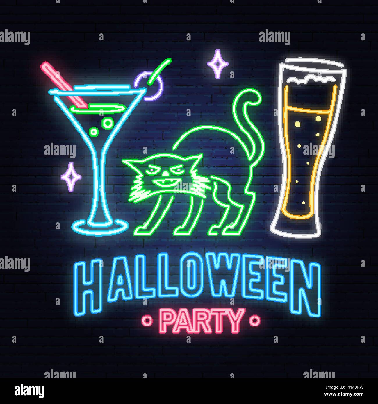 Halloween party neon sign. Vector illustration. Happy Halloween light banner with Beer, cocktail and cat. Night bright advertisement. Neon sign for banner, billboard, promotion or advertisement. Stock Vector