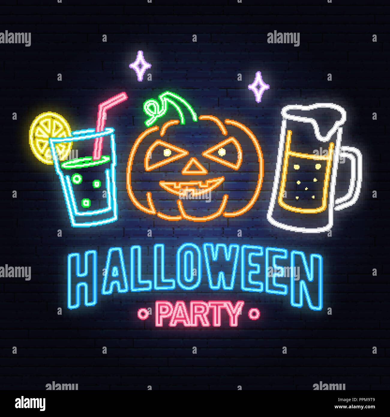 Halloween party neon sign. Vector illustration. Happy Halloween light banner with Beer, cocktail and pumpkin. Night bright advertisement. Neon sign for banner, billboard, promotion or advertisement. Stock Vector