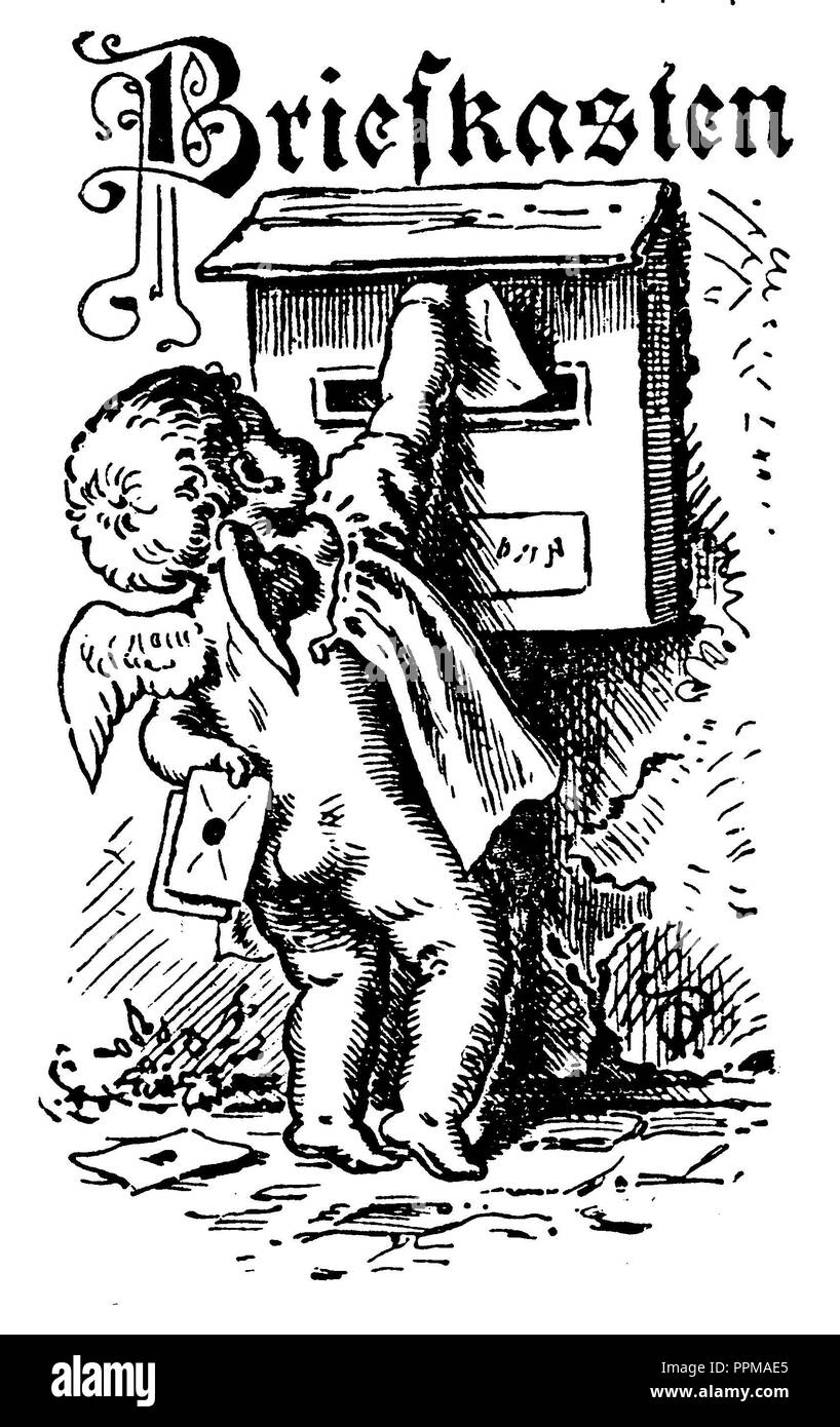 Little angel throws love letter in mailbox,   1896 Stock Photo