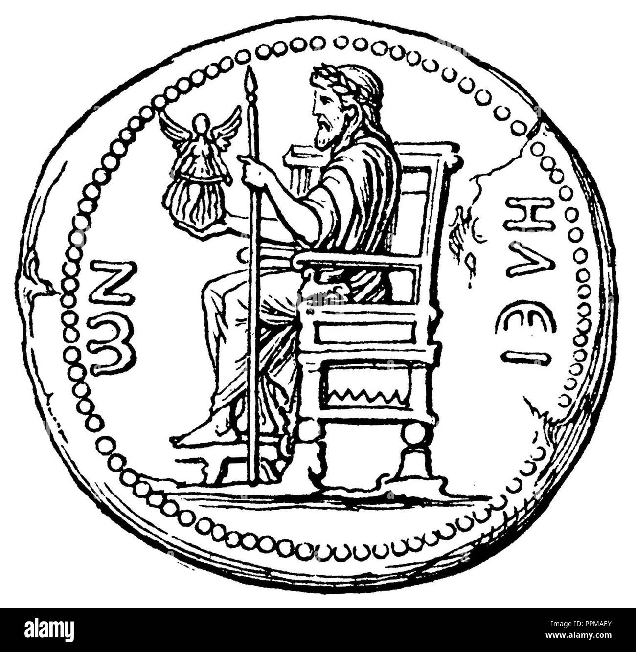 Zeus sitting on the throne (coin of Elis).,   1889 Stock Photo