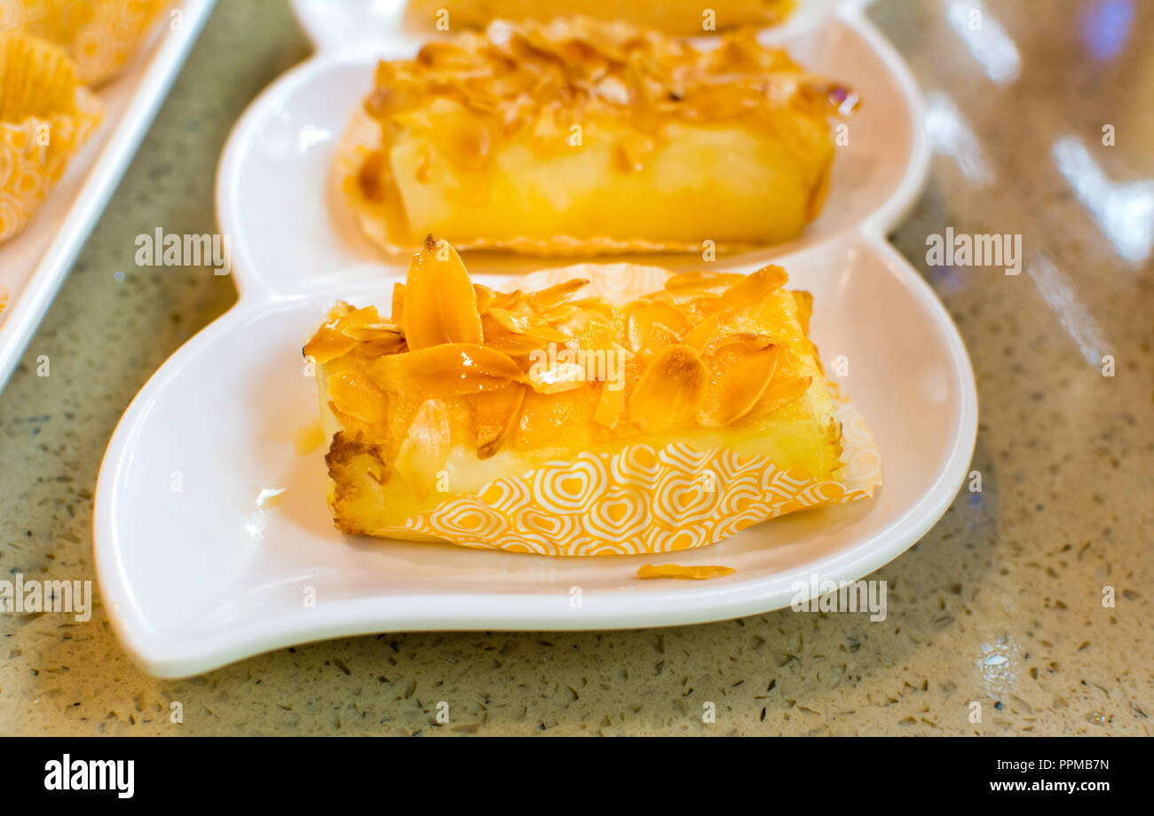 Chinese dessert made of fried fresh milk with apricot slices Stock Photo