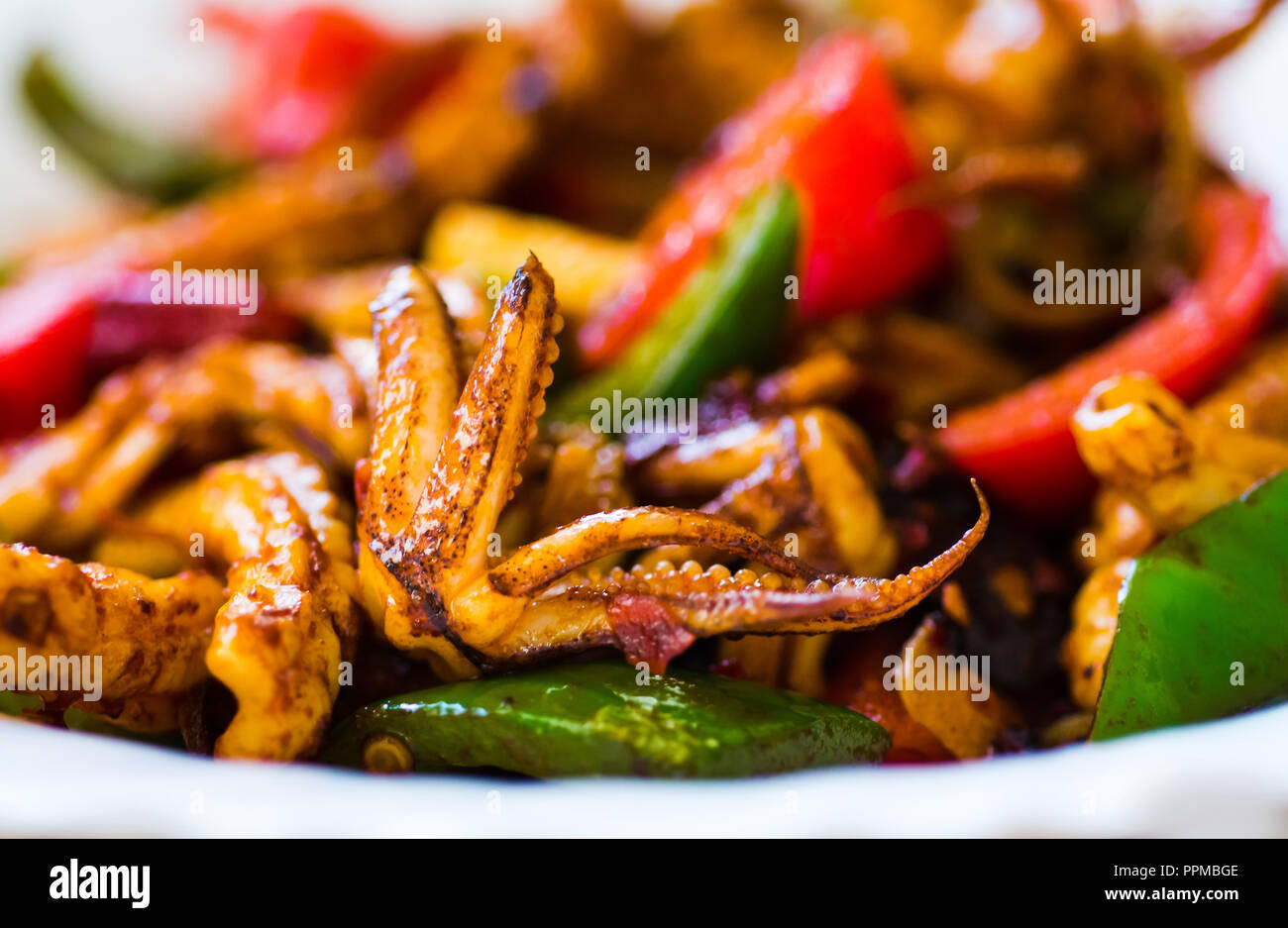 Fried squid with vegetables on a plate close up Stock Photo