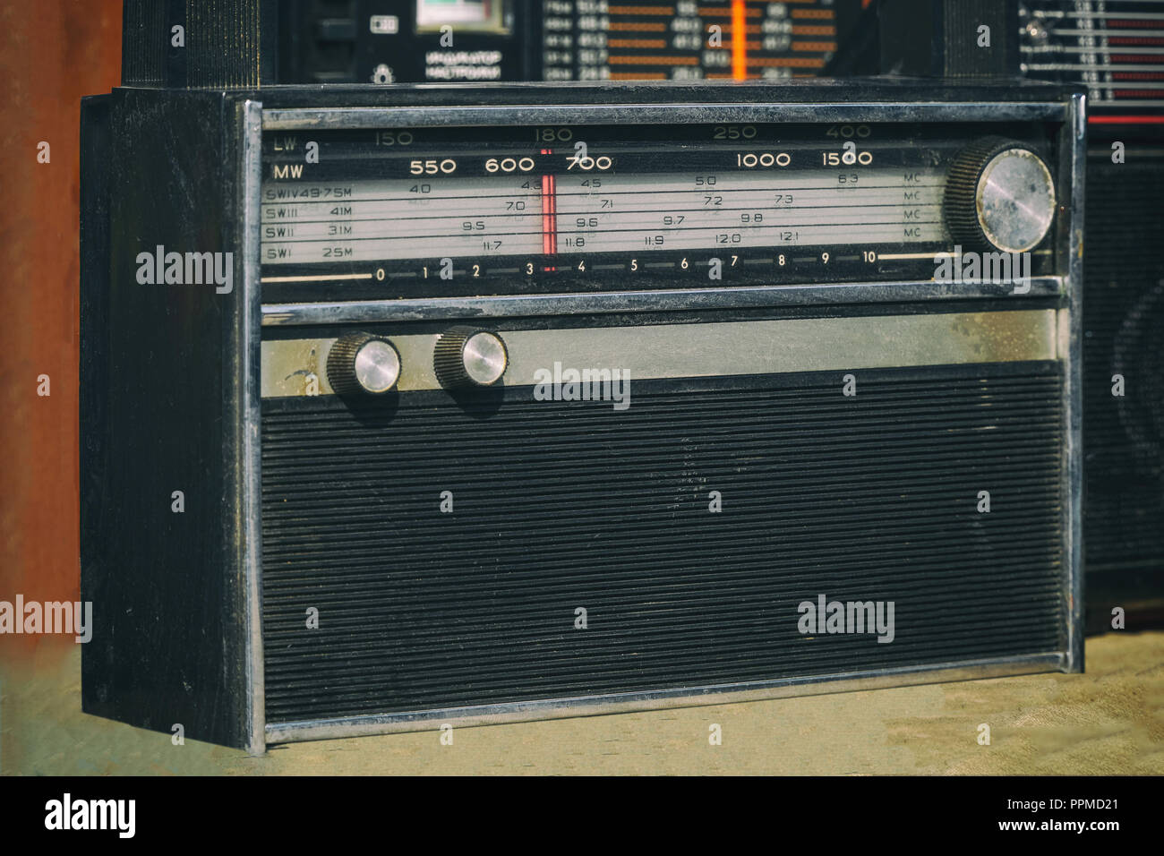 Old radio with analog dial scale Stock Photo