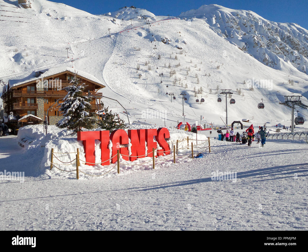 Ski station of Tignes in winter, letters Tignes Stock Photo