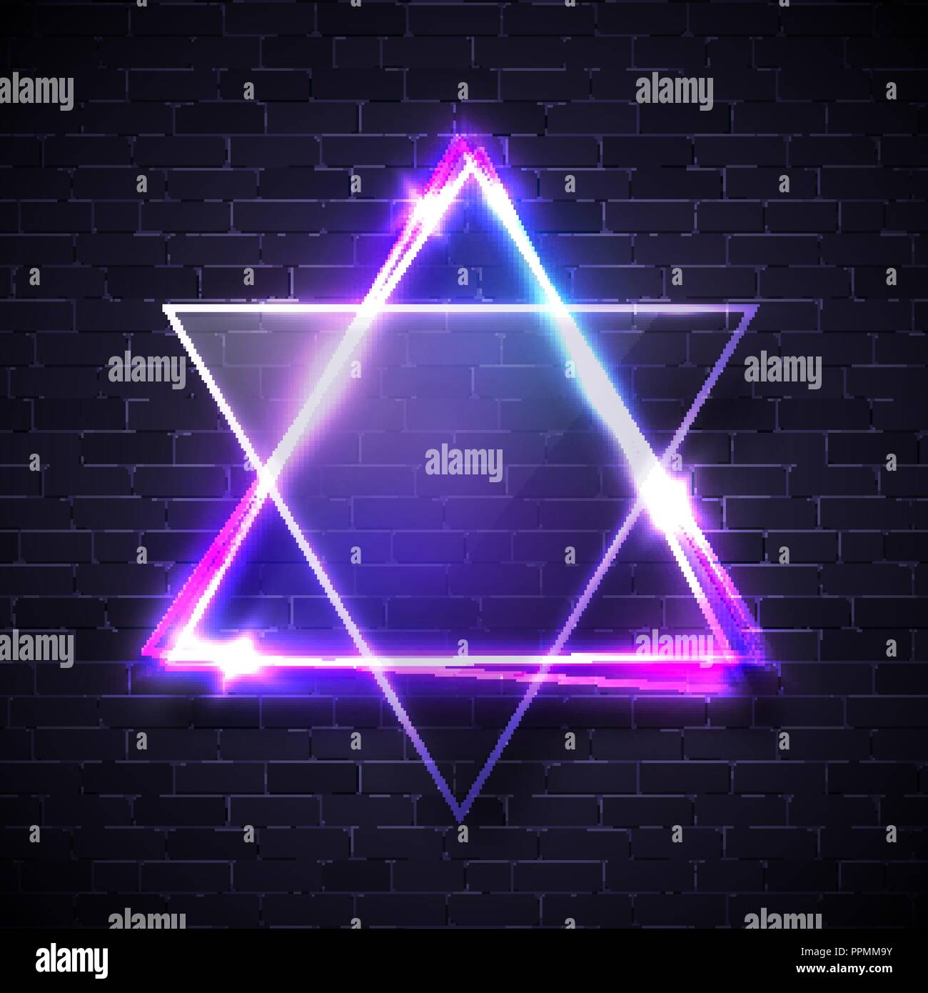 Hebrew biblical Judaism symbol. Israel star. Jewish David star design on blue brick background. Neon glowing geometric triangle shape frame. Glowing abstract backdrop. Bright vector illustration. Stock Vector