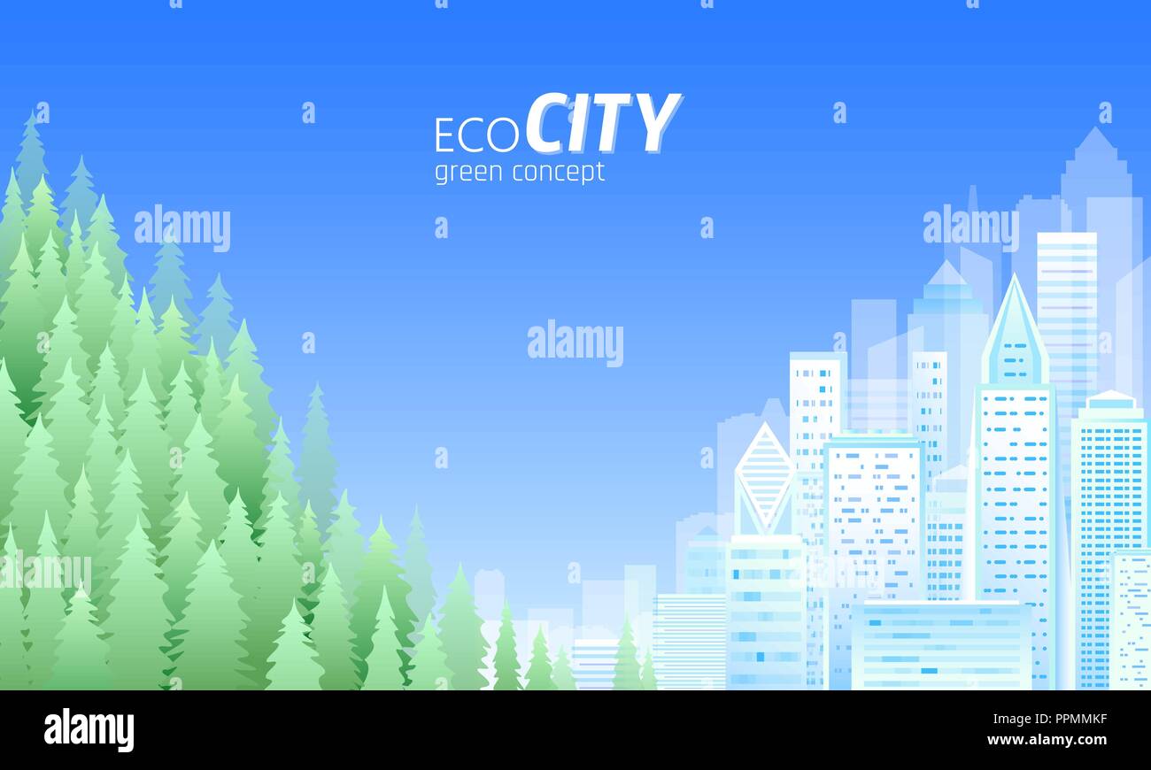 Ecology friendly city. Green energy cityscape skyline World environment Day. Save nature planet Earth. Green forest light blue urban landscape sunny sky. Eco business concept vector illustration Stock Vector