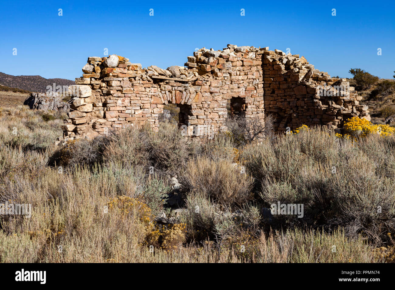 Building Ruins in Hamilton, Nevada. In 1868 Hamilton started as a boomtown with 25,000 people migrating to the area where silver ore was for the takin Stock Photo