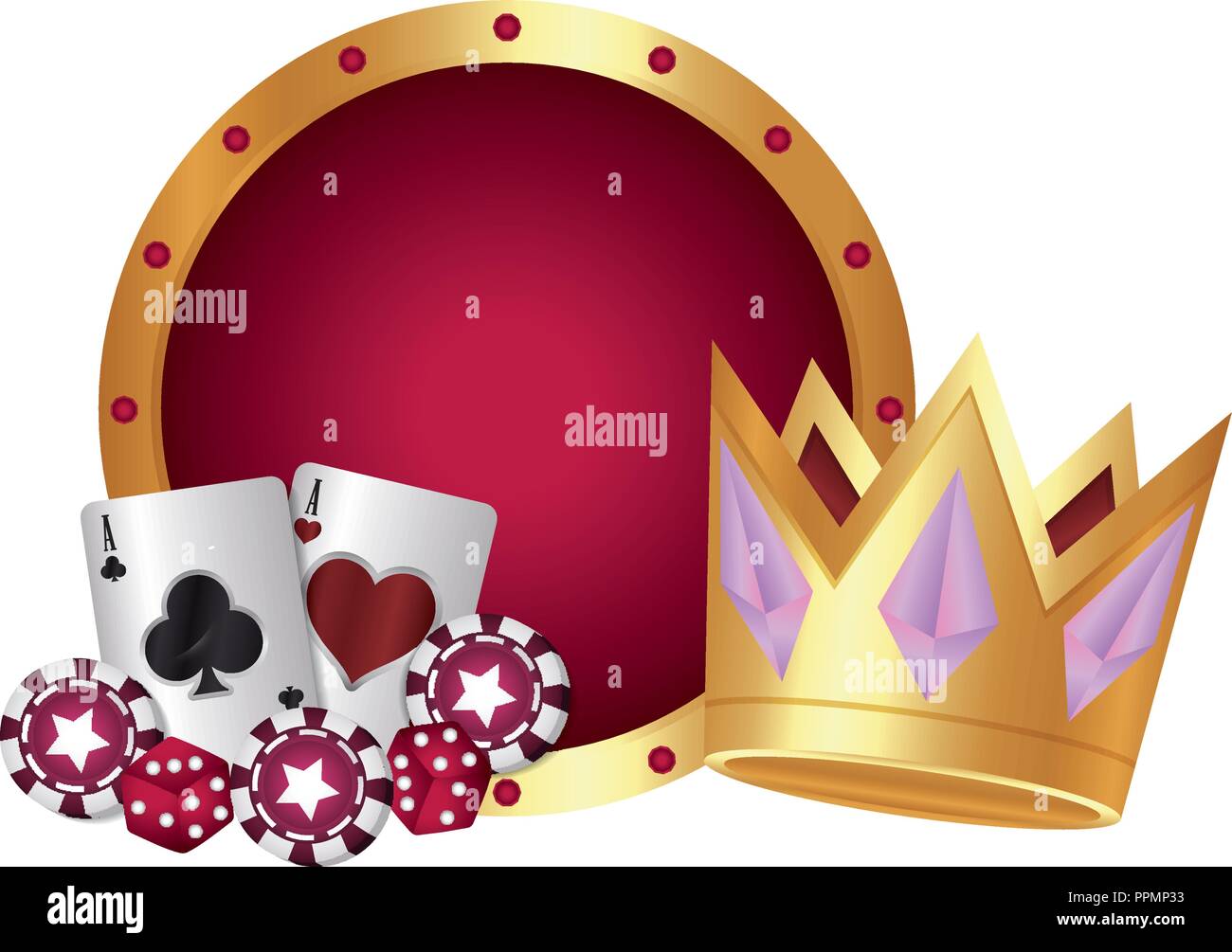 casino poker board gold crown cards and dices chips vector illustration