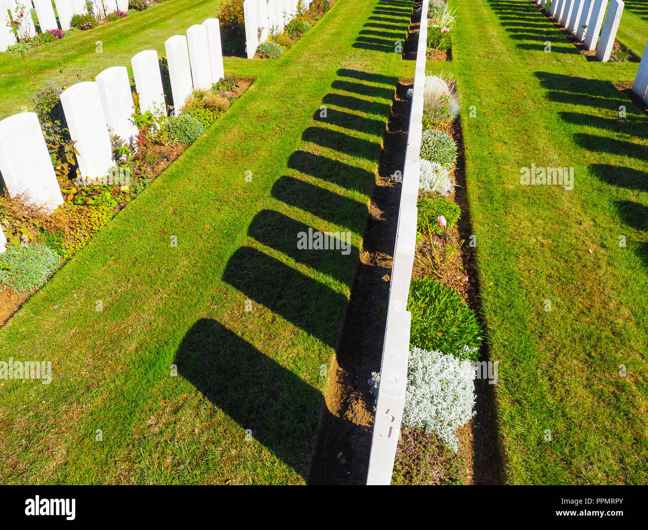 CWGC Headstones casting a shadow in a British War Cemetery Stock Photo