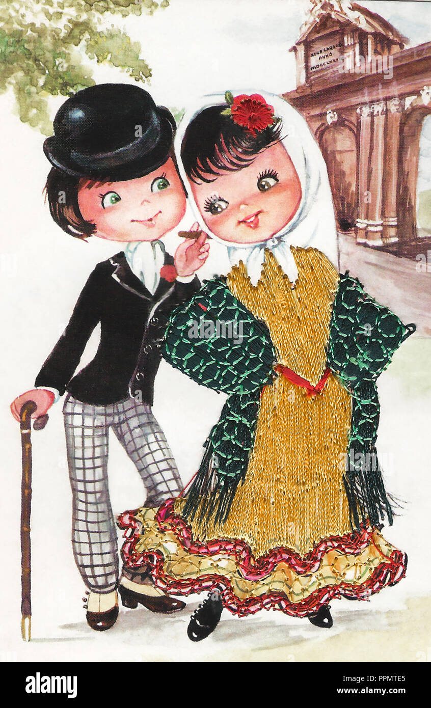 she is wearing a dress in spanish Spanish couple illustration, she is wearing a flamenco dress with head  scarf while he is wearing a bowler hat, smart suit and cane Stock Photo