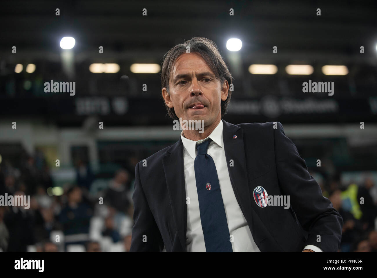 Turin, Italy. 26th September 2018. The head coach of Bologna Filippo Inzaghi during the Serie A match between Juventus and Bologna at the Juventus Stadium, Turin, Italy on 26 September 2018. Photo by Alberto Gandolfo. Editorial use only, license required for commercial use. No use in betting, games or a single club/league/player publications. Credit: UK Sports Pics Ltd/Alamy Live News Stock Photo