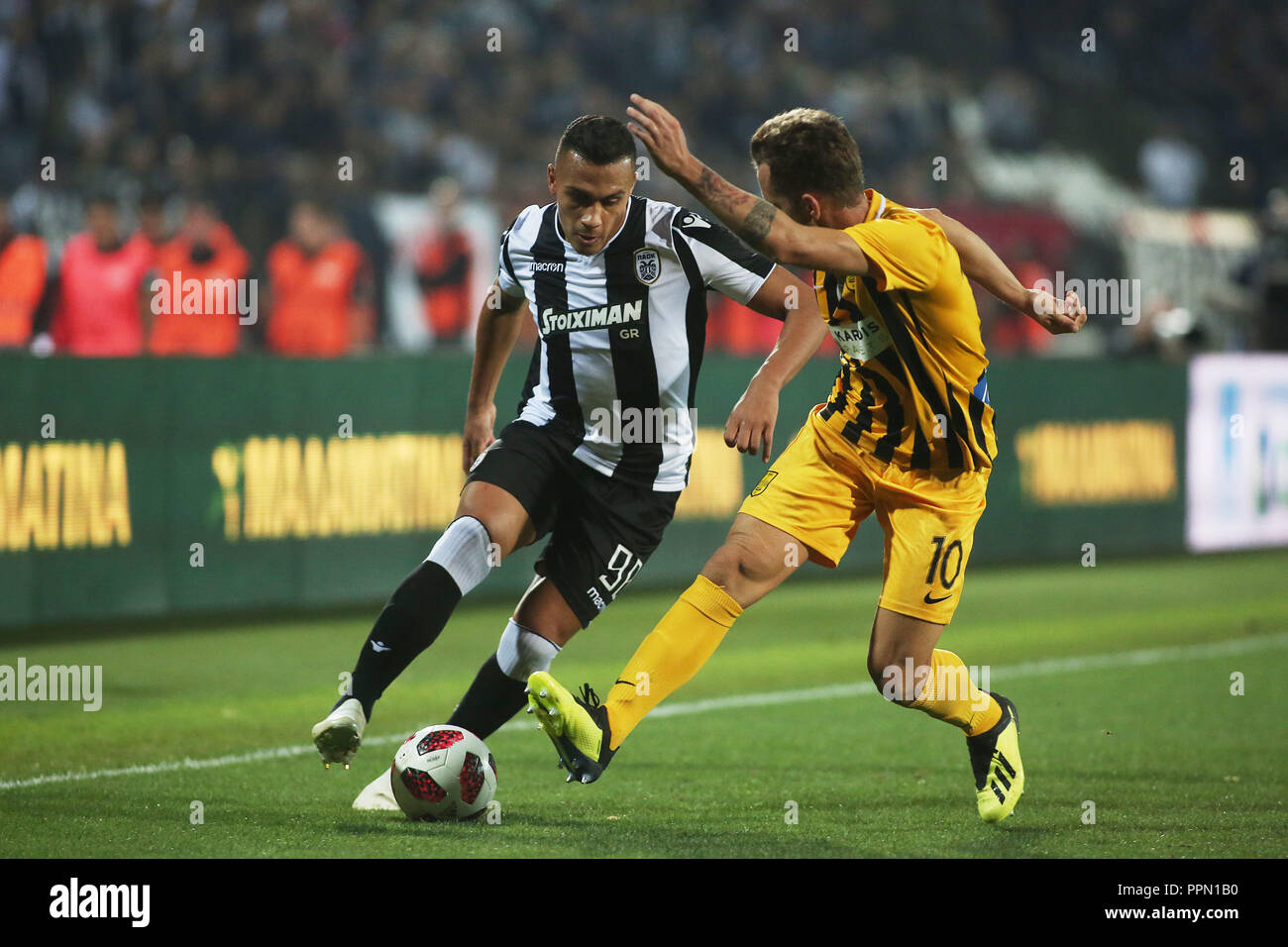 thessaloniki greece 26th sep 2018 paok s leo jaba left in action during a cup match between paok and aris greek football cup game between paok fc and aris fc with the game