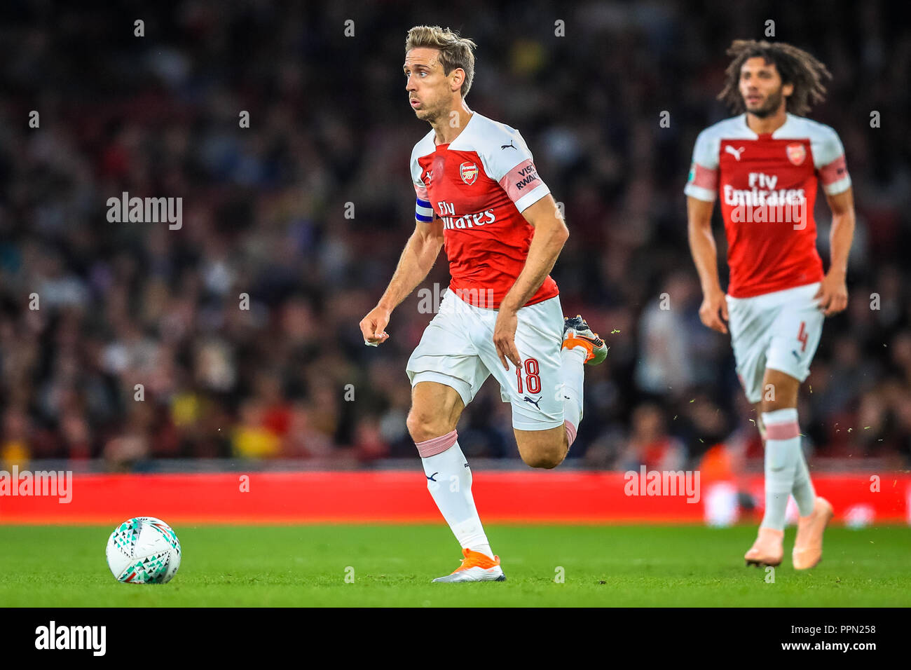 London, UK. 26th September, 2018. Carabao EFL Cup, Third round, Arsenal v Brentford ; Nacho Monreal (18) of Arsenal on the ball.  Credit:  Georgie Kerr/News Images  English Football League images are subject to DataCo Licence Credit: News Images /Alamy Live News Stock Photo